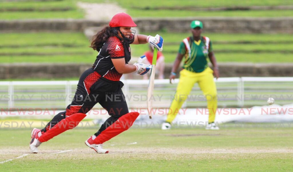 TT’s Maria La Foucade plays a shot during the CWI Rising Stars Under-19 T20 match against the Windward Islands, on Tuesday, at the Brian Lara Cricket Academy. - Lincoln Holder