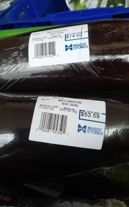 ALL AN ERROR: The photo of a baigan priced at $74 at a Massy Stores outlet which caused a firestorm when it was posted to social media on Tuesday. The company explained on Wednesday that a price label error was what really took place.  - 