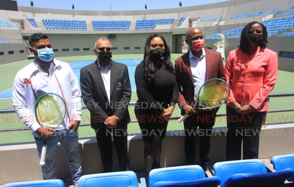 (L-R) TT tennis player Nabeel Mohammed, SporTT CEO Jason Williams, Minister of Sport and Community Development Shamfa Cudjoe, TATT president Hayden Mitchell and acting PS Beverley Reid-Samuel, during the launch of the Davis Cup at  theNational Racket Centre, Tacarigua, on Wednesday. Photo by Angelo Marcelle