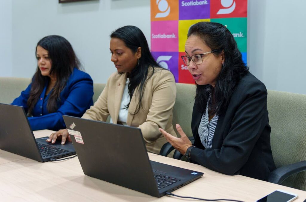 From left, Scotiabank's Stacy Dhanessar, Senior Manager, Human Resources; Lisa Bholai, Manager, Staffing, Recruitment and Selection and Nazra Mohammed, Assistant Manager, Staffing, Recruitment and Selection during a virtual interview preparation and resume writing workshop as part of the bank's recent collaboration with Families in Action to train young people in the world of work. PHOTO COURTESY SCOTIABANK - Scotiabank
