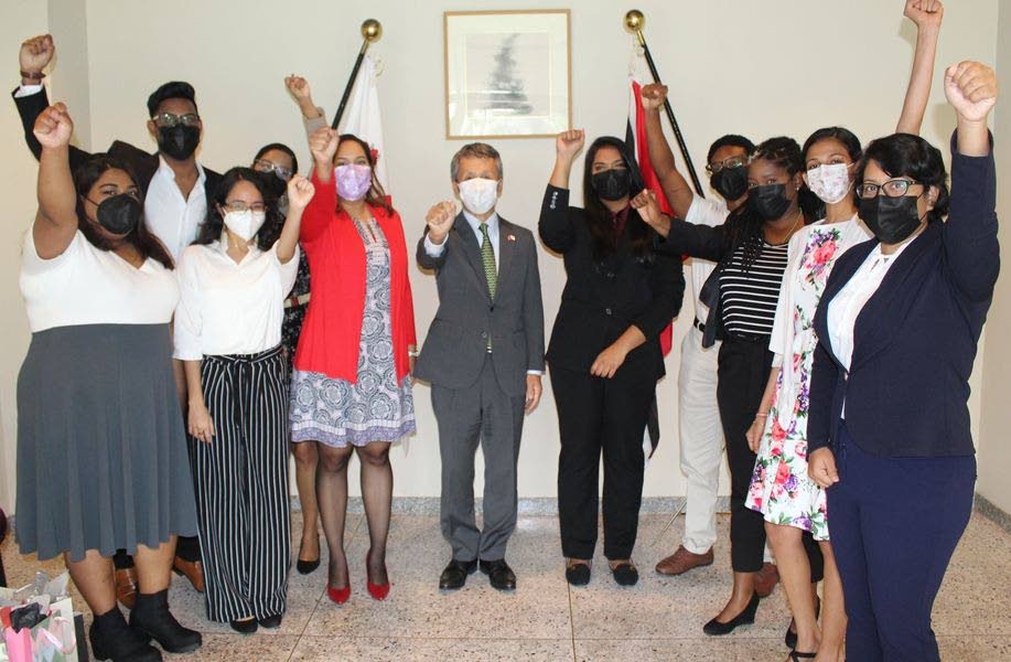 Japan Exchange and Teaching (JET) programme's  Safiyah Mohammed, left, Rondell Mungal, Saeeda Ali, Rebecca Allum, Tsai-san Quan Kep, Japanese ambassador Matsubara Yutaka,  Annalisa Ramlogan, Kosi Regis, Rhianna McKenzie, Yasha Hanoomansingh and Rachel Khan. - 