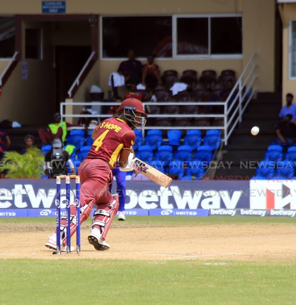 West Indies batsman Shai Hope plays a shot against India on Friday at the Queen's Park Oval. - SUREASH CHOLAI