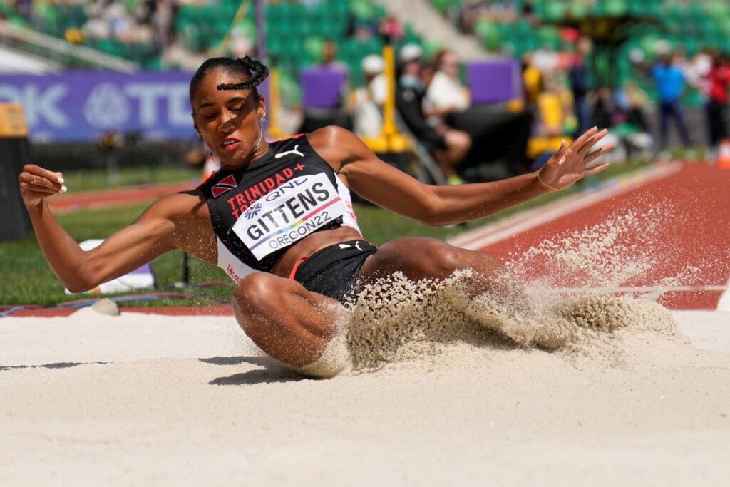 Tyra Gittens, of Trinidad And Tobago, competes in qualifications for the women's long jump at the World Athletics Championships on Saturday, in Eugene, Ore. (AP Photo) - 