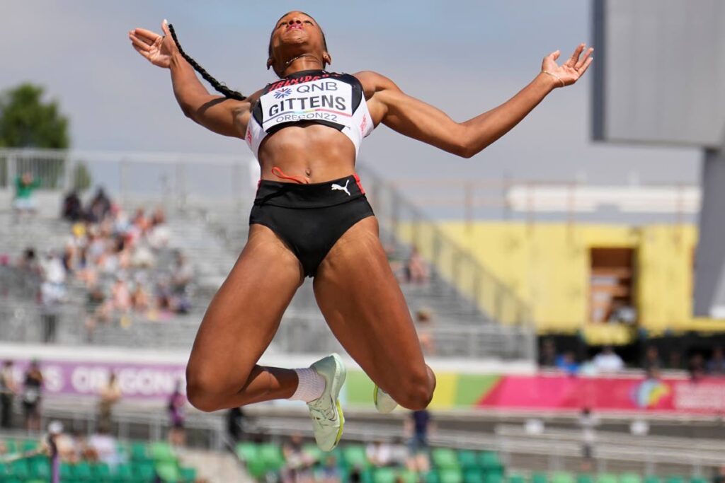 Tyra Gittens, of Trinidad and Tobago, competes in qualifications for the women's long jump at the World Athletics Championships on Saturday, in Eugene, Oregon, US. - 