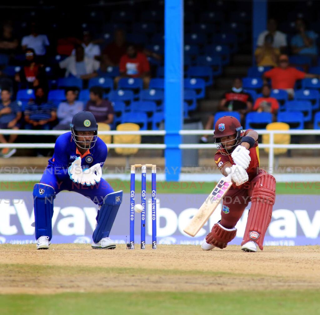 West Indies vice captain Shai Hope plays a shot during the second one day international match against India, on Sunday, at the Queen’s Park Oval, St Clair.  Photo by Sureash Cholai