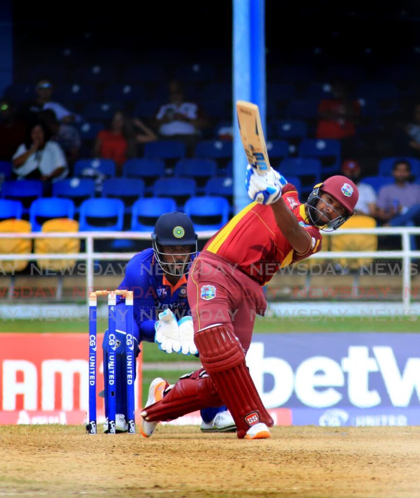 West Indies captain Nicholas Pooran plays a shot during the second one day international match against India, at the Queen's Park Oval, St Clair, on Sunday. - Sureash Cholai
