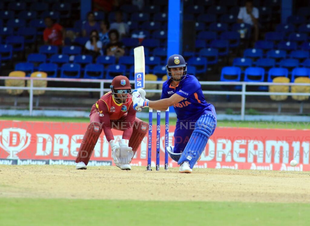 India's Shubman Gill looks to play a shot during the third ODI match against West Indies, on Wednesday, at the Queen's Park Oval, St Clair.  - Sureash Cholai