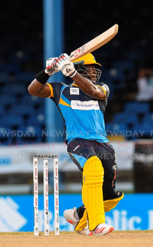 In this August 26, 2020 file photo, Kyle Mayers of Barbados Tridents (now Royals) hits a six during the team's Hero Caribbean Premier League match 14 against Jamaica Tallawahs at Queen's Park Oval, St Clair. - CPL T20 via Getty Images