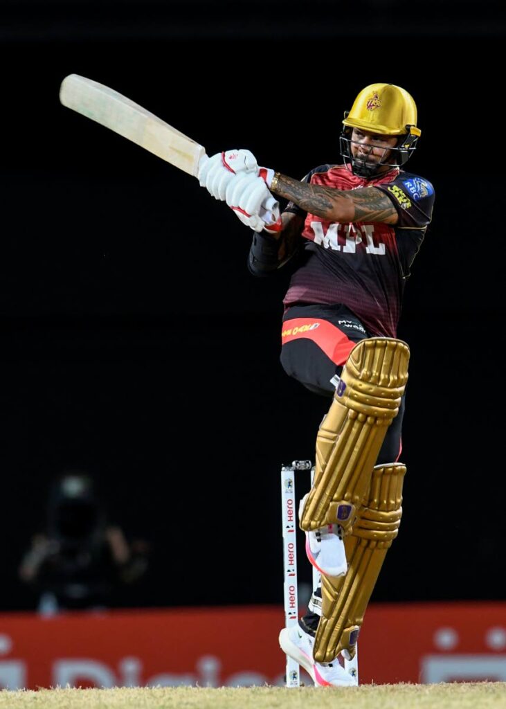  Sunil Narine of Trinbago Knight Riders hits a six during the 2021 Hero Caribbean Premier League match 27 against Saint Kitts & Nevis Patriots. Photo courtesy CPL T20