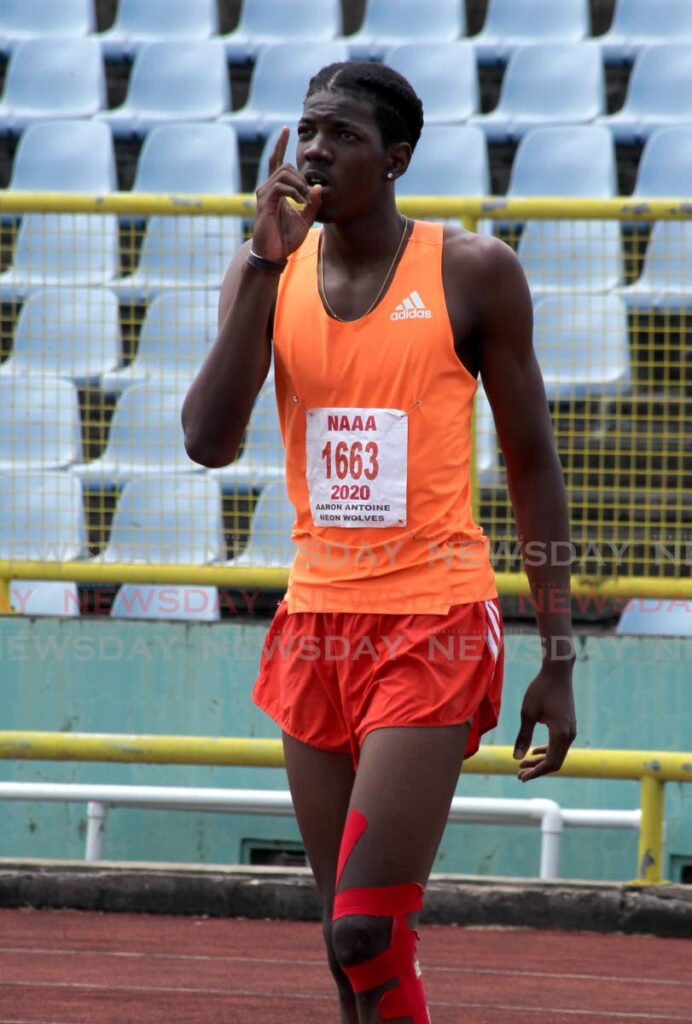 In this file photo, TT's Aaron Antoine reacts after competing in the boys' Under-20 high jump, on March 13, at the NAAA's 2022 Carifta Games qualifiers, at the Hasely Crawford Stadium, Port of Spain. Photo by Roger Jacob