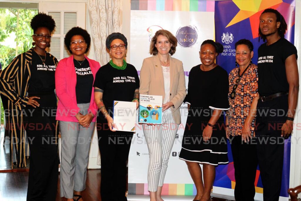 From left: Content & social media consultant Maiah Cooper, community outreach associate Johannah-Rae Reyes, Caiso director Dr Angelique Nixon, British High Commissioner Harriet Cross; community lawyer Donielle Jones, Caiso director Catherine Shepherd and research associate Kellog Nkemakolam at the launch of Caiso's Implementing the Way Forward series on July 19  at the Residence of the British High Commissioner. - ROGER JACOB