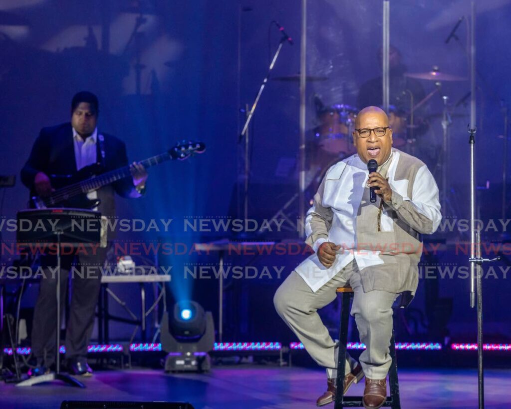 Keino Swamber performing at his July 30 Golden concert, backed by Order The Band, at Naparima Bowl, San Fernando. Photo by Jeff K Mayers