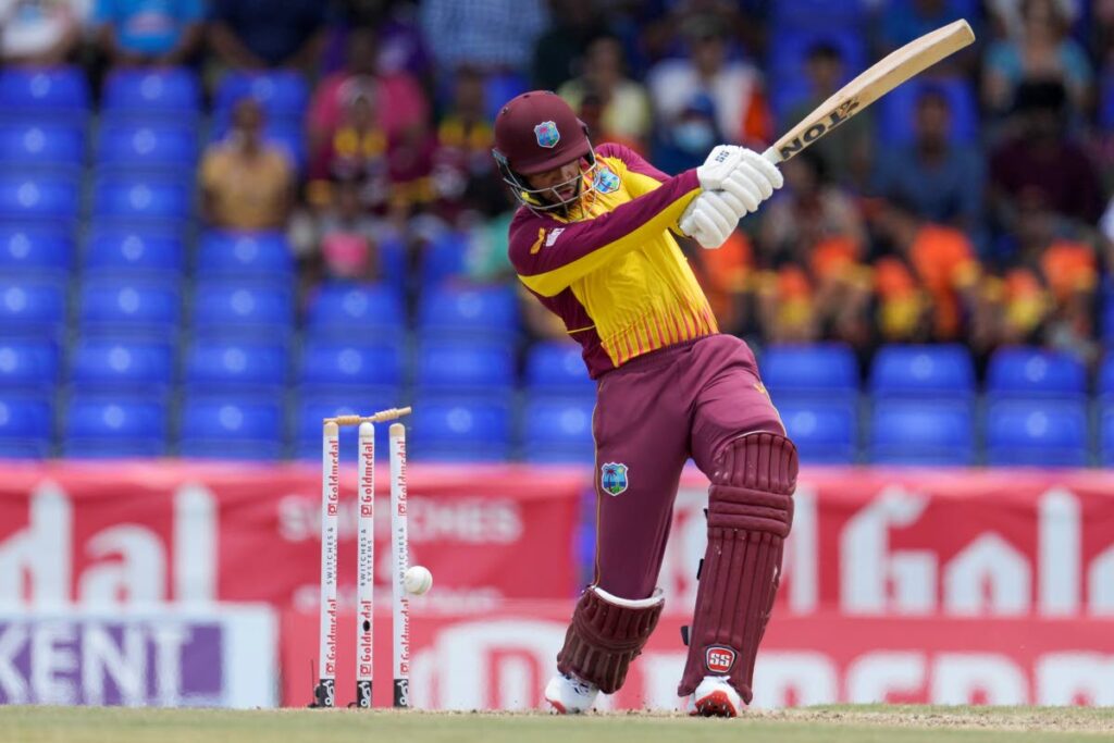 West Indies' Brandon King is bowled by India's Hardik Pandya during the third T20 cricket match at Warner Park in Basseterre, St. Kitts on August 2. (AP PHOTO) 
