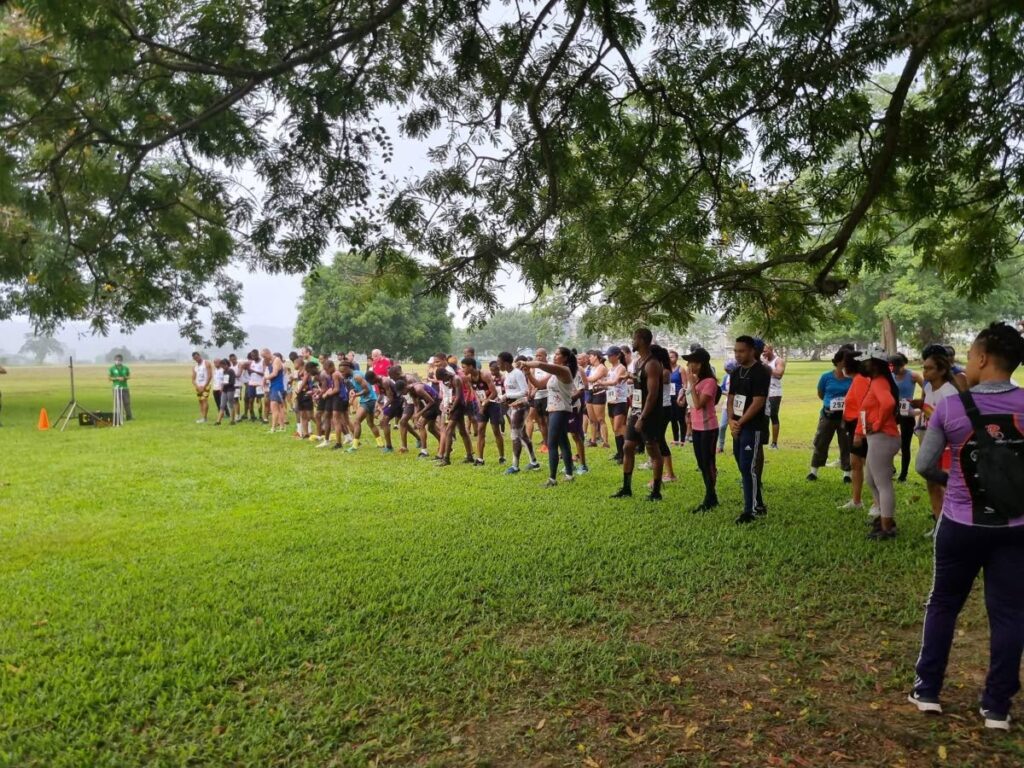 Participants on the start line at the Cross Country 5K Race, hosted by Bafasports, at the Queen's Park Savannah, on Saturday.  Photo courtesy Bafasports