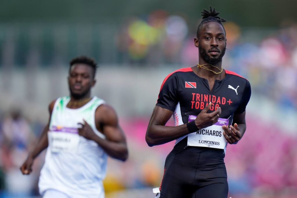 Jereem Richards of Trinidad and Tobago, during the heats in the men's 200 metres, in the Alexander Stadium at the Commonwealth Games in Birmingham, England, on Thursday. (AP PHOTO) 