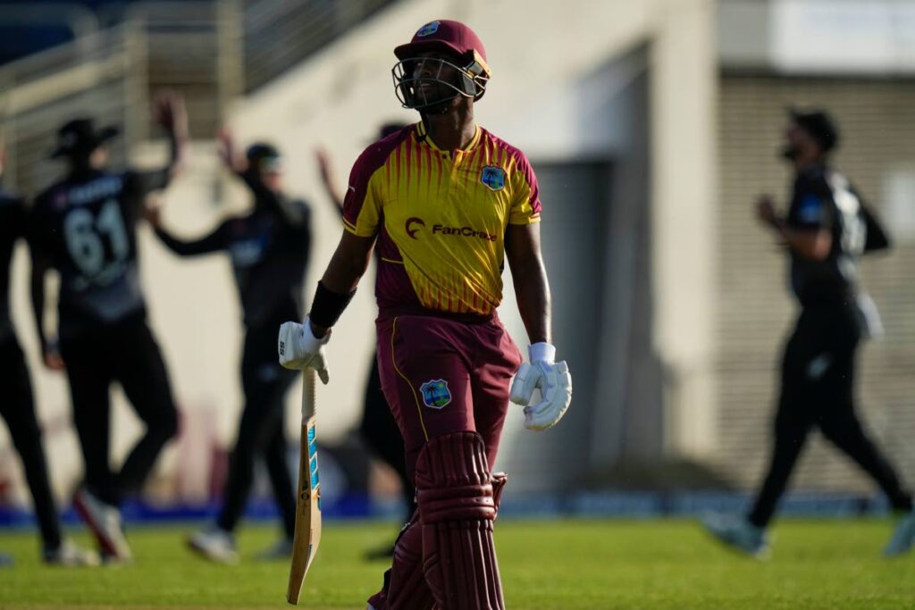West Indies' captain Nicholas Pooran leaves the field after he was dismissed, during the first T20 International at Sabina Park in Kingston, Jamaica, on Wednesday. (AP PHOTO) 