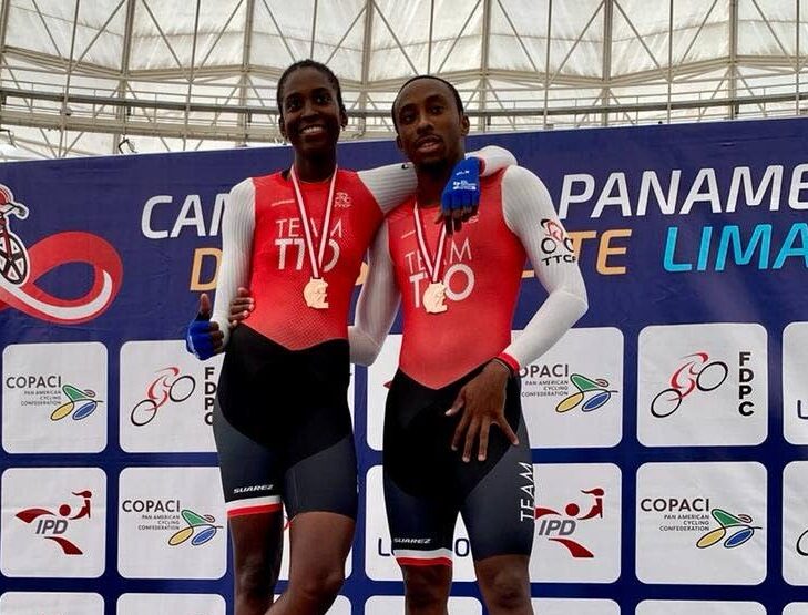 TT's cycling siblings Teniel, left, and Akil Campbell celebrate their bronze medal performances in the women elimination and men's scratch races at the Elite Pan American Track Cycling Championships in Lima, Peru on Thursday.  - COURTESY: TTCF