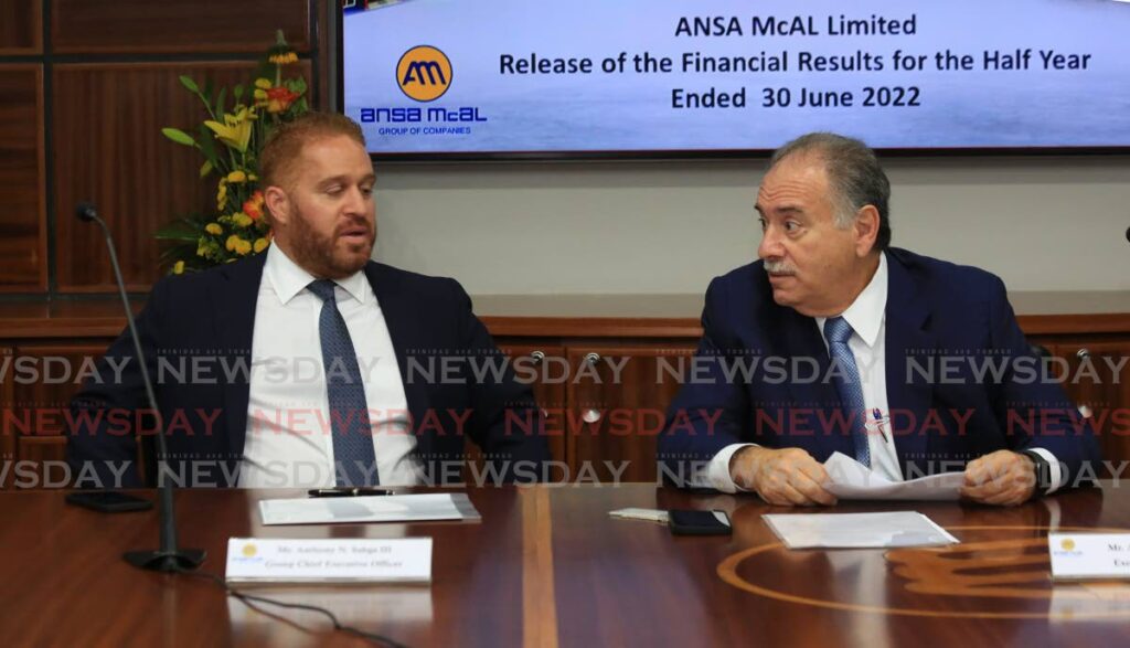 Ansa McAl Group CEO Anthony N Sabga III, left, and group chairman, A Norman Sabga at the announcement of the conglomerate's 2022 half-year results at Tatil Building, Port of Spain on Thursday. - Photo by Sureash Cholai