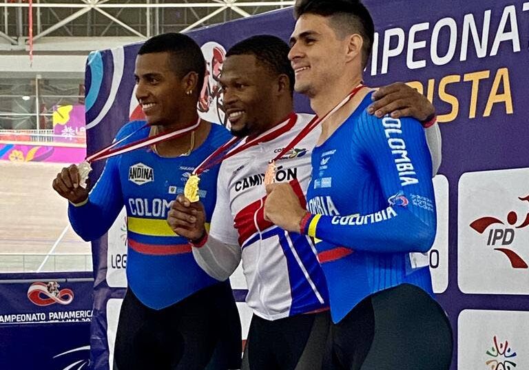 TT's Nicholas Paul, centre, atop the Pan American Track Cycling Championships podium for the second day in a row on Thursday, after winning the men's keirin event in Lima, Peru.  - Courtesy TTCF