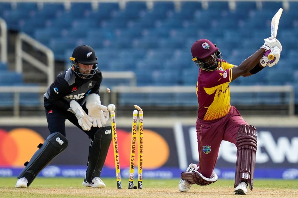 West Indies batsman Shamarh Brooks is bowled out by New Zealand's Mitchell Santner during the second T20 at Sabina Park in Kingston, Jamaica, Friday. - AP