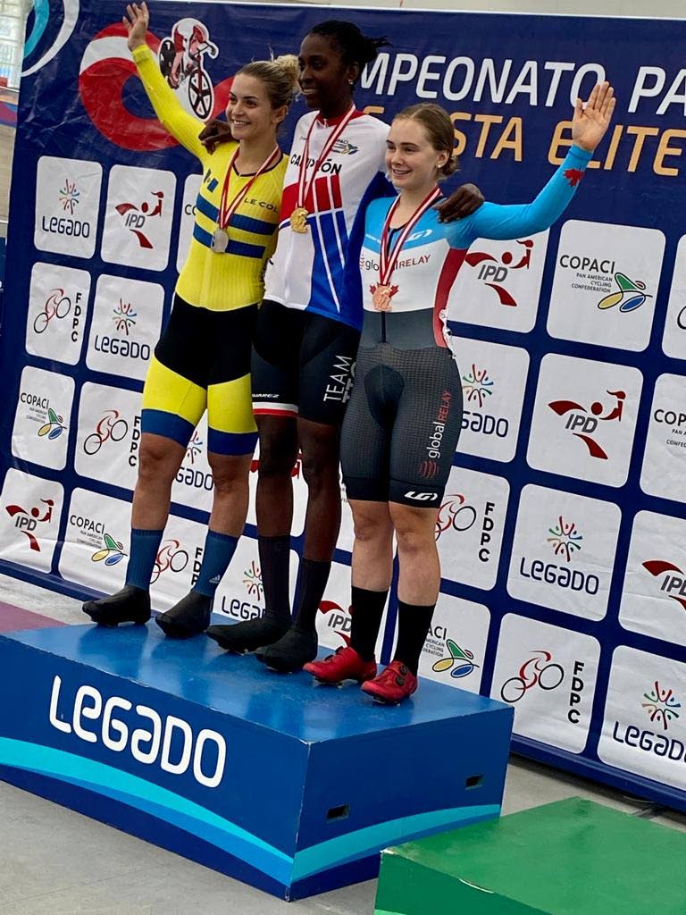 Trinidad and Tobago's Teniel Campbell atop the medal podium after winning the women's points race at the Elite Pan Am Championships on Sunday. - 