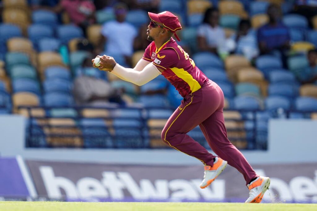 West Indies' captain Nicholas Pooran takes a catch to dismiss New Zealand's Finn Allen during the first ODI at Kensington Oval in Bridgetown, Barbados, on Wednesday. (AP PHOTO) - 