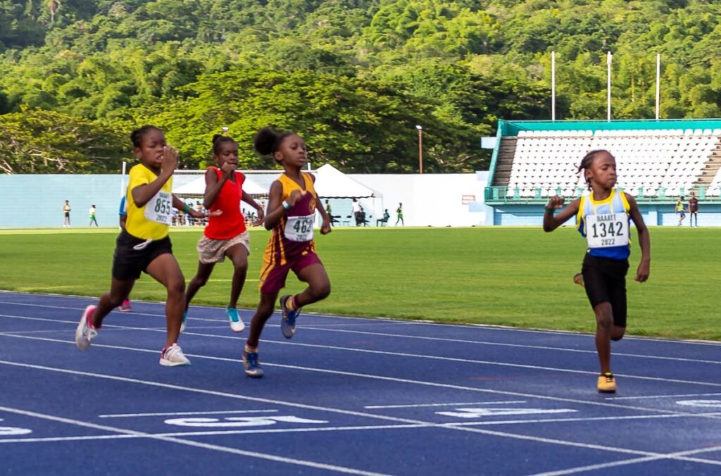 Melissa Davis of Memphis Pioneers Athletic Club, on her way to victory in the girls Under-9 80-metre race, during the Mason Hall Police Youth Club Juvenile Classic, at the Dwight Yorke Stadium, Bacolet on Sunday.
 - 