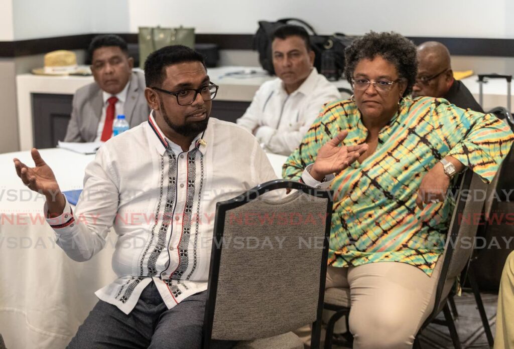 Guyana President Dr Irfaan Ali and Barbados Prime Minister Mia Mottley chat with business leaders during a meeting at The Brix, St Ann's on Friday. - JEFF K MAYERS