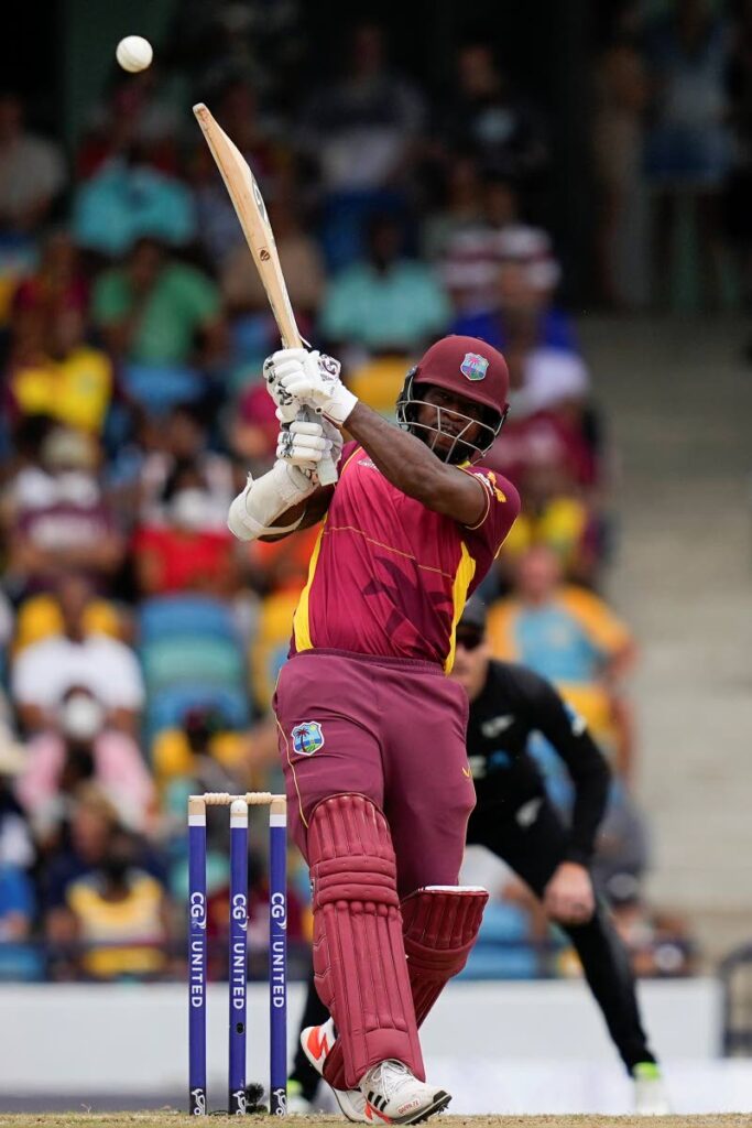 West Indies' Kyle Mayers hits a four against New Zealand during the third ODI at Kensington Oval in Bridgetown, Barbados, on Sunday. (AP PHOTO) - 
