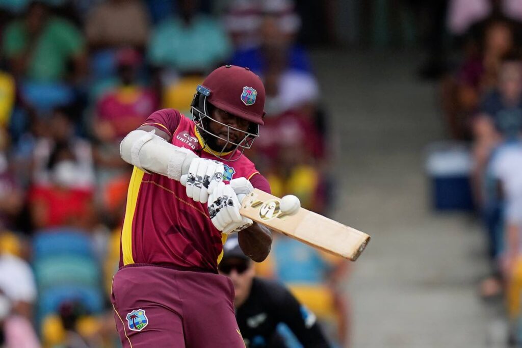 West Indies' Kyle Mayers hits a four against New Zealand during the third ODI at Kensington Oval in Bridgetown, Barbados. (AP photo)