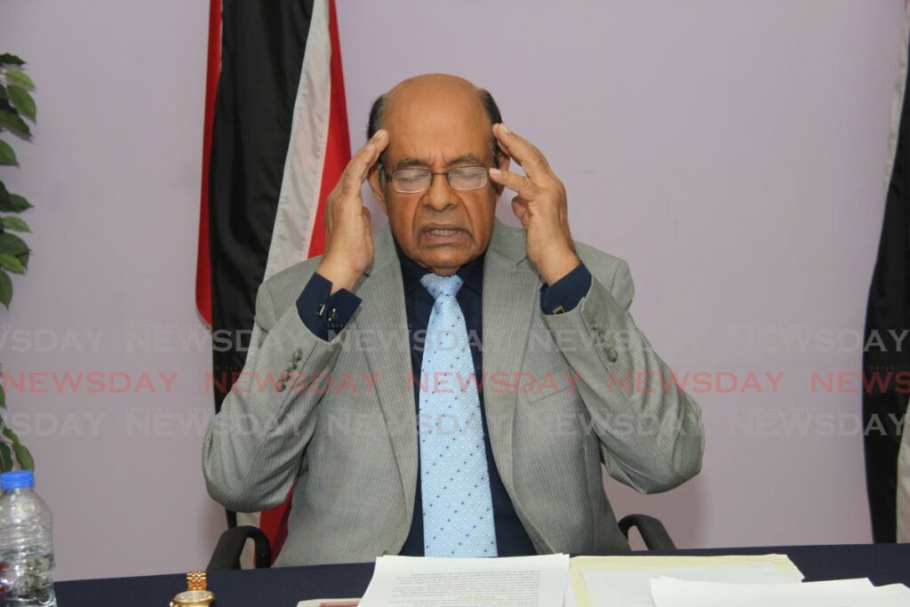 Former education minister Dr Tim Gopeesingh speaks at the Office of the Opposition Leader in Port of Spain on Sunday. - Ayanna Kinsale