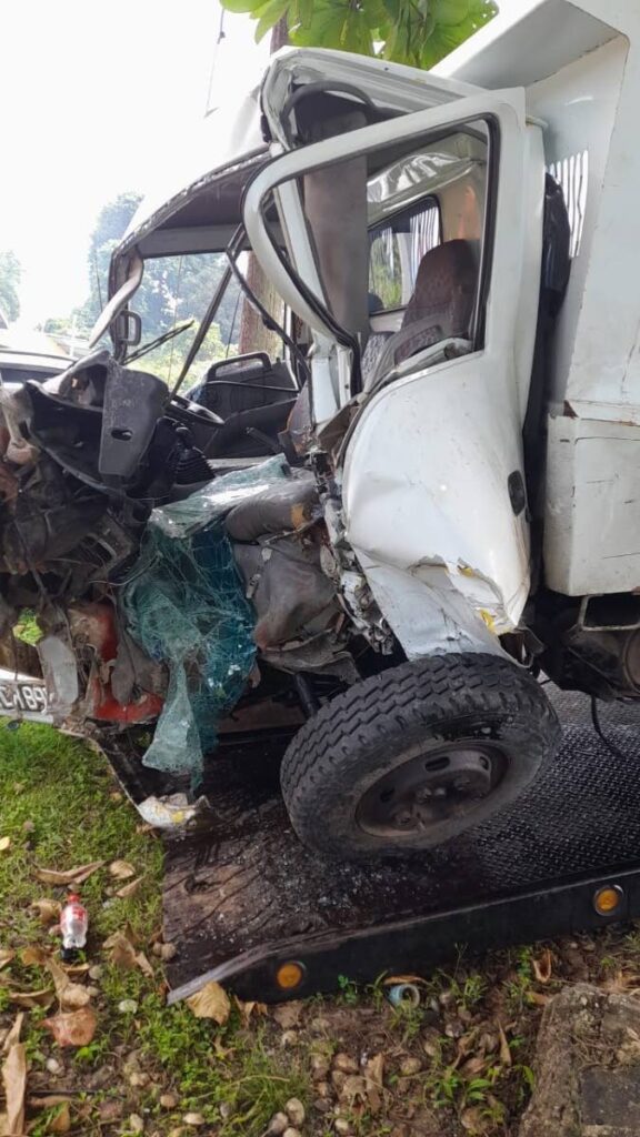 The truck, driven by Andy Birbal, which crashed into an electricity pole after hitting a car in Palo Seco on Sunday. - 