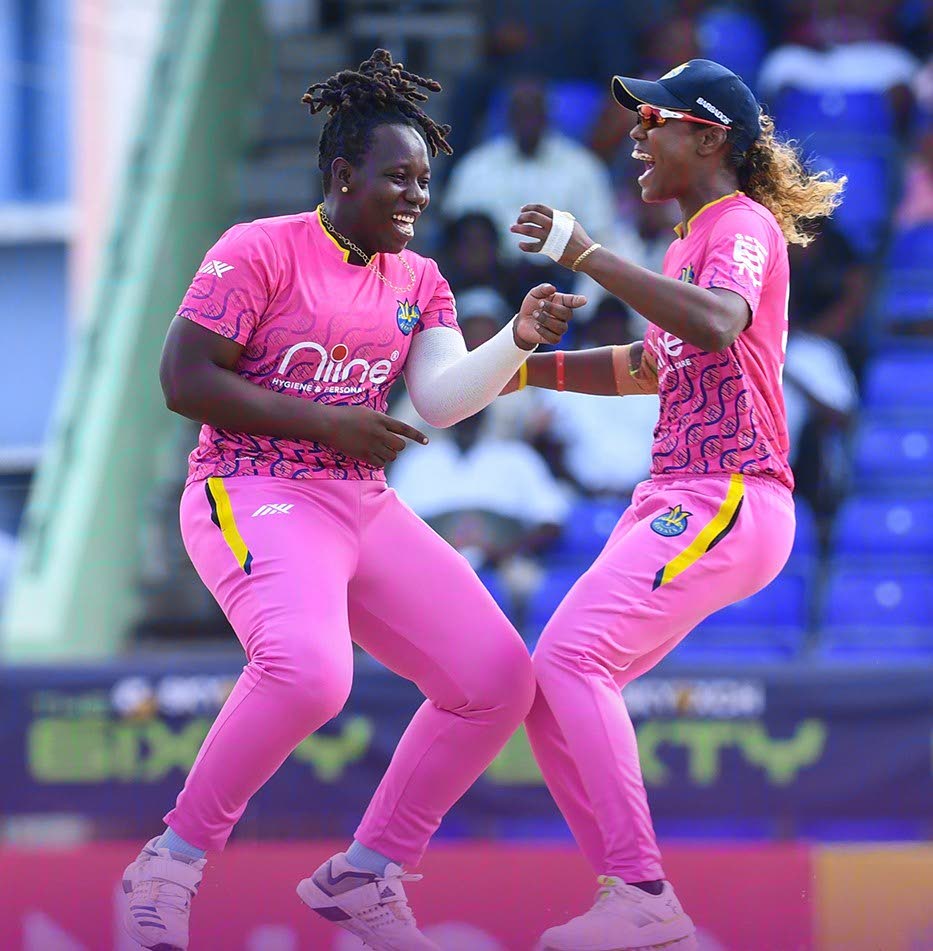 Barbados Royals players Hayley Matthews, right, and Qiana Joseph celebrate a wicket in the women's 6ixty tournament at Warner Park in St Kitts. Photo courtesy Barbados Royals - 