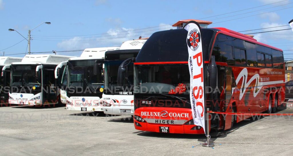 In this 2020 file photo, the Deluxe Coach buses are launched at the PTSC terminal in Arima. - ROGER JACOB