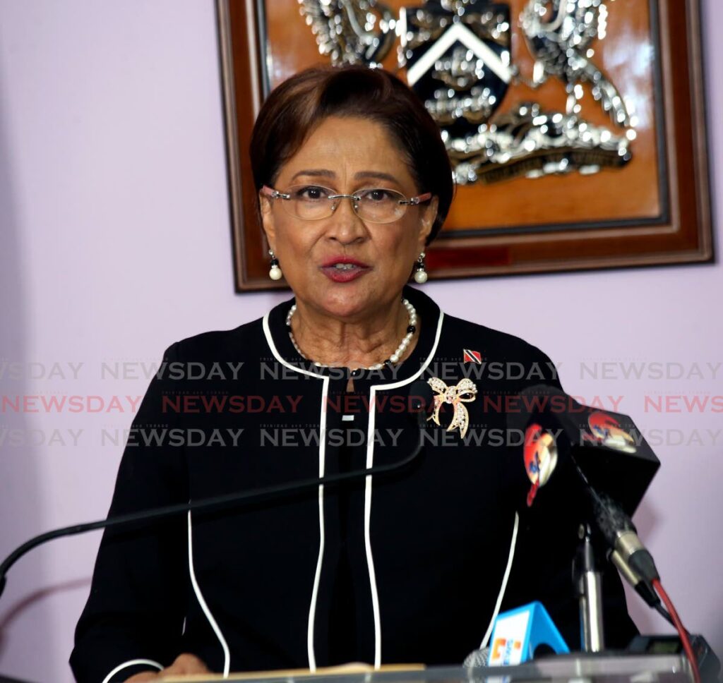 Opposition Leader Kamla Persad-Bissessar during a media conference at her Charles Street, Port of Spain office. - FILE PHOTO/SUREASH CHOLAI