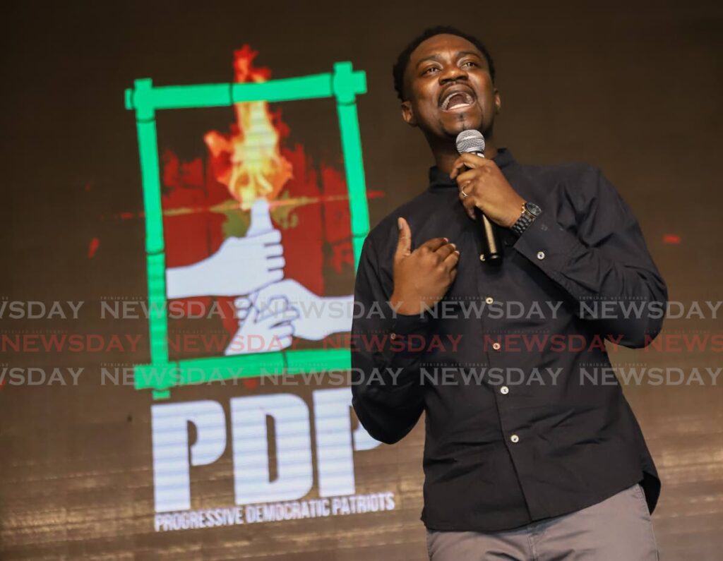 Farley Augustine addressing the PDP Trinidad launch in May. Political leader Watson Duke removed him and two others as deputy leaders. File photo/Jeff K Mayers
