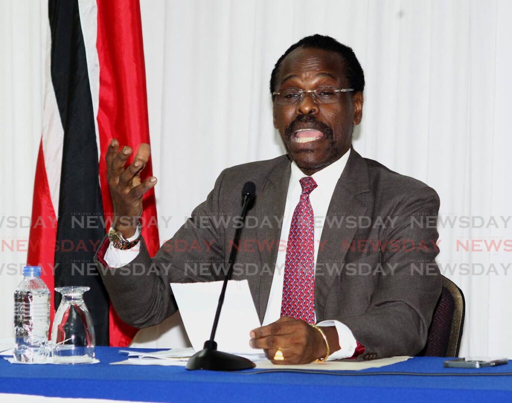 In this July 12 file photo, National Security Minister Fitzgerald Hinds addresses a media conference on remarks made by Opposition members. In a radio interview Saturday, Hinds denied the Government had any role in charges laid against UNC MP David Lee on Friday. - FILE PHOTO/ROGER JACOB