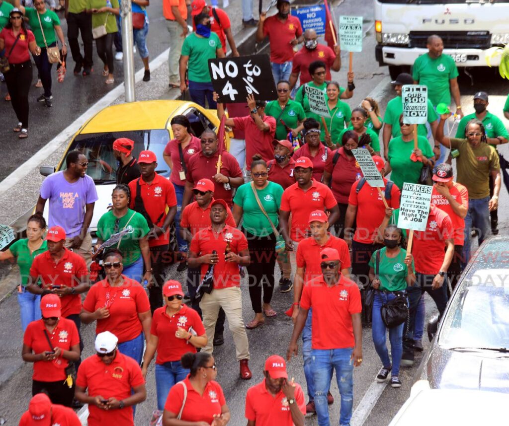 The Unite to Fight Movement of JTUM, FITUN and NATUC march in Port of Spain to protest Government's four per cent wage offer on August 12. - FILE PHOTO/SUREASH CHOLAI