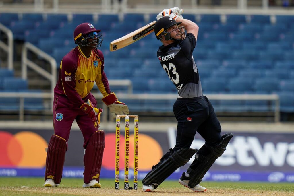 New Zealand's Glenn Phillips hits a six against West Indies during the second T20 cricket match at Sabina Park in Kingston, Jamaica, on August 12, 2022.  - AP Photo