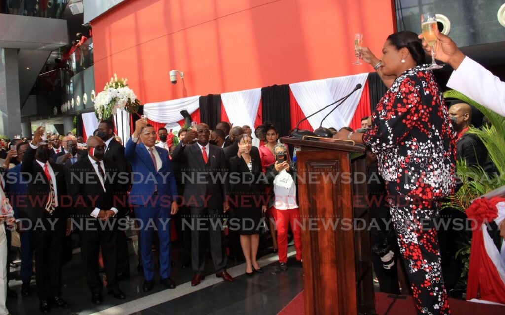President Paula-Mae Weekes raises a toast to the nation before Prime Minister Dr Keith Rowley, and guest of the State Jamaican Prime Minister Andrew Holness at NAPA, Port of Spain for TT's 60th Independence anniversary celebration on August 31. - Sureash Cholai