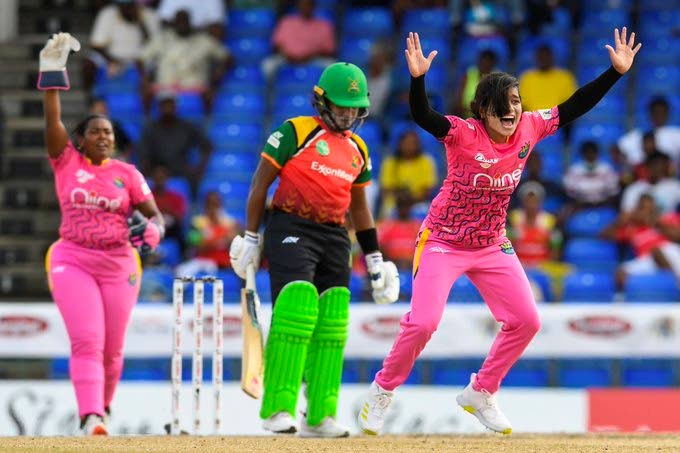 Barbados Royals pace bowler Fatima Sana (right) successfully appeals for a leg-before decision against Guyana Amazon Warriors batter Chamari Athapaththu (centre) during the teams' Massy Women's Caribbean Premier League (CPL) match at Warner Park, Basseterre, St Kitts on Saturday. Also in photo is Royals wicketkeeper Reniece Boyce. PHOTO COURTESY CARIBBEAN PREMIER LEAGUE. - 