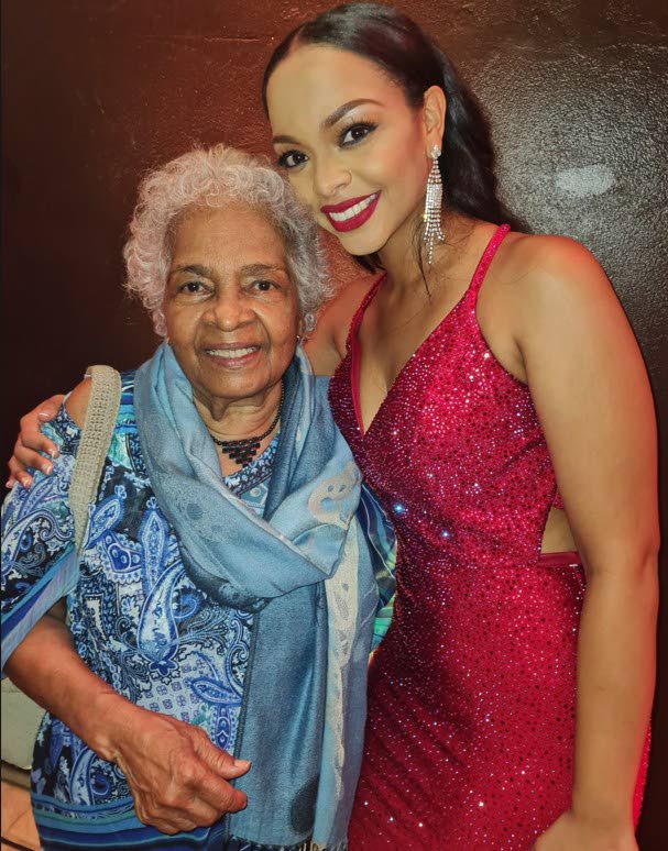 REPRESENTING TACARIGUA: Rebecca Douglas, one of 24 women competing in the Miss Universe TT pageant, with her  grandmother Joy Douglas after participating in the preliminaries at  Naparima Bowl, San Fernando, on Saturday.  