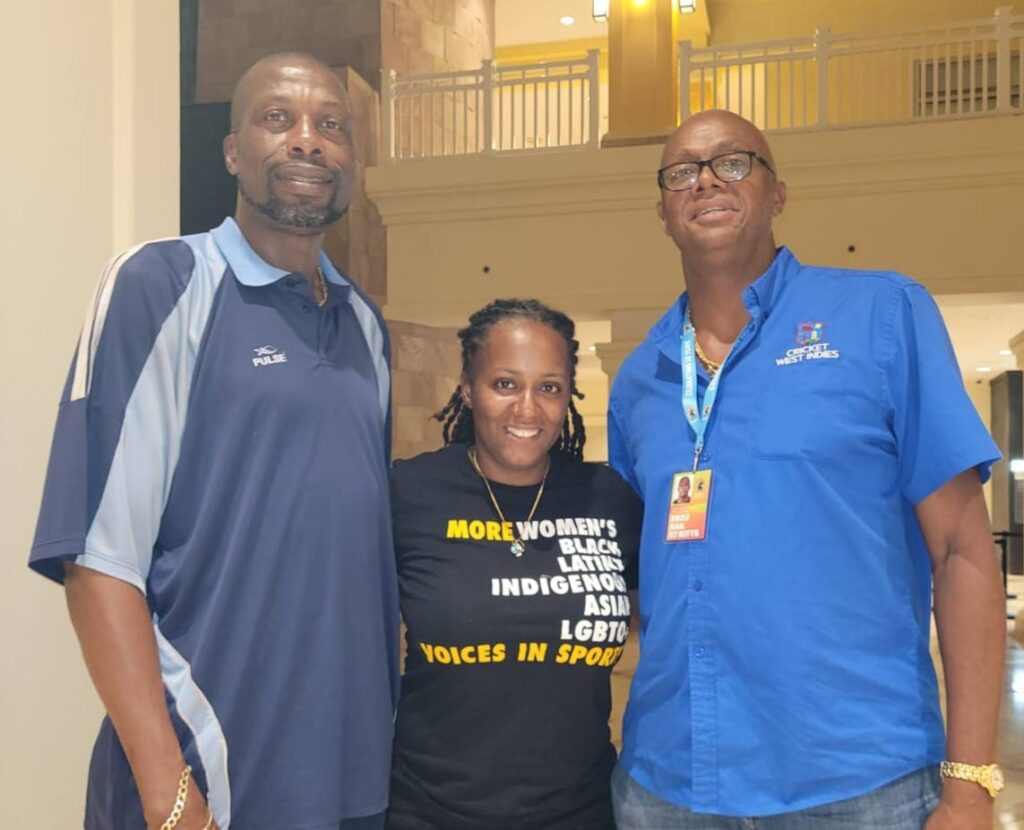 Guyana Amazon Warriors fitness trainer Antonia Burton, centre, with West Indies legends Curtly Ambrose, left, and Courtney Walsh.  - 