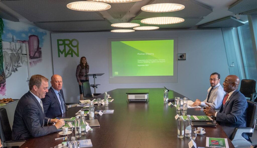 Prime Minister Dr Keith Rowley, right, and Energy Minister Stuart Young, second from right, at a presentation by Proman managing director marketing, logistics and shipping Anita Gajadhar, as Proman CEO David Cassidy, left, and a member of his executive team look on at Proman’s headquarters in Zurich, Switzerland on Monday. Photo courtesy OPM  