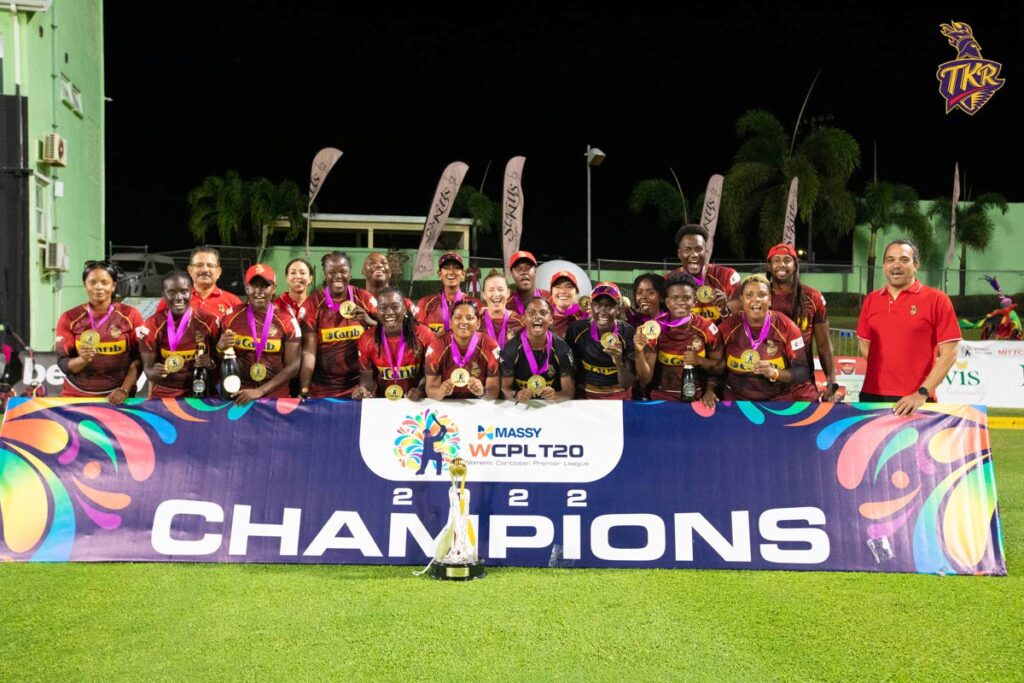 Members of the Trinbago Knight Riders team after winning the inaugural Massy Women's Caribbean Premier League title on Sunday, against the Barbados Royals, at Warner Park, Basseterre, St Kitts. PHOTO COURTESY CARIBBEAN PREMIER LEAGUE 