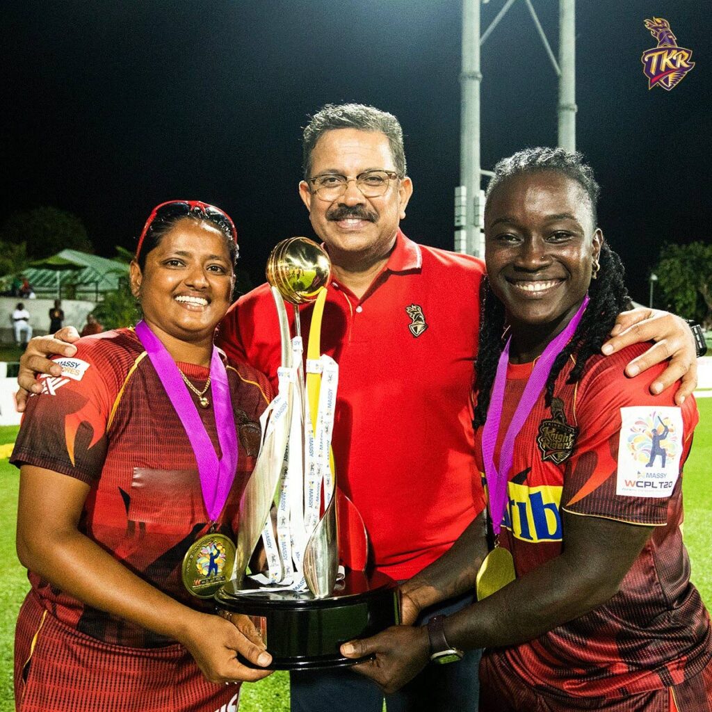 Trinbago Knight Riders (TKR) managing director Venky Mysore, centre, with TKR women's captain Deandra Dottin, right, and spinner Anisa Mohammed. - Trinbago Knight Riders 