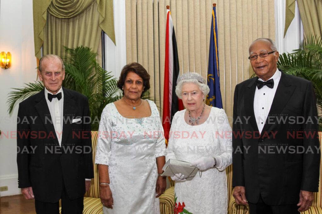 FILE PHOTO: From left, Prince Philip, Duke of Edinburgh, Jean Ramjohn-Richards, Queen Elizabeth II and the late Maxwell Richards at a banquet held in the queen's honour by then president Max Richards, President's House, Port of Spain, on November 26, 2009.