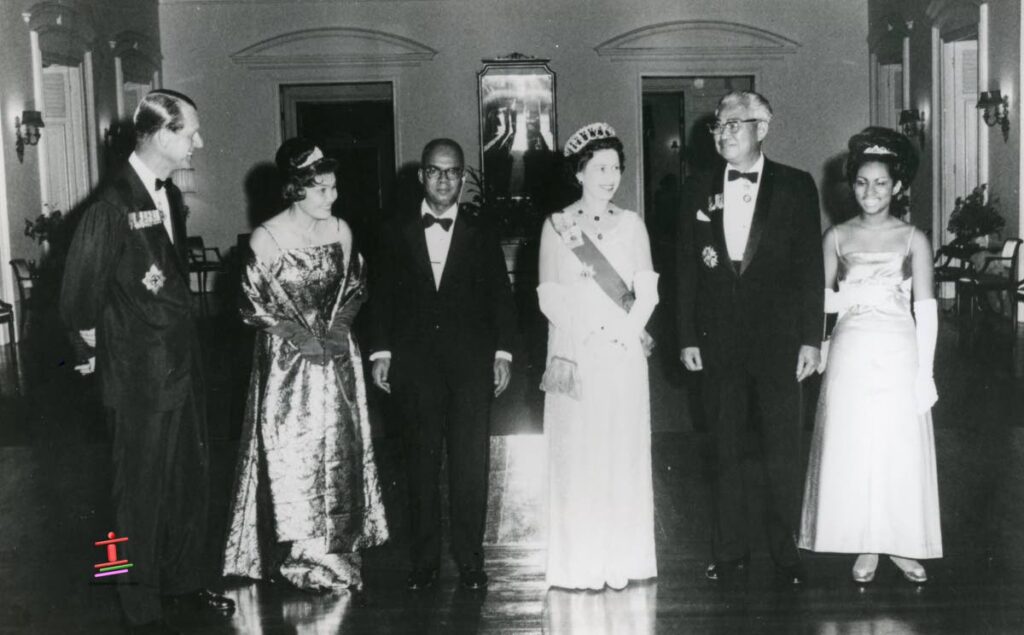 From left: Prince Philip, Duke of Edinburgh, Lady Hochoy, prime minister Dr Eric Williams, Queen Elizabeth II, Sir Solomon Hochoy, governor general, and Erica Williams, the prime minister's daughter, during the queen's visit to TT February 7-9, 1966. PHOTO COURTESY INFORMATION DIVISION - 