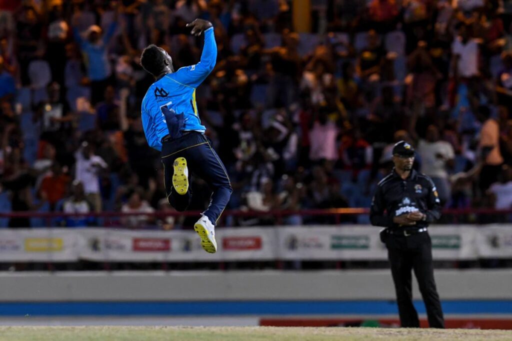 St Lucia Kings fast bowler Matthew Forde leaps with joy after claiming a wicket against St Kitts/Nevis Patriots during the teams' Hero Caribbean Premier League (CPL) contest at the Daren Sammy Stadium, Gros Islet, St Lucia on Sunday. PHOTO COURTESY CARIBBEAN PREMIER LEAGUE. - 