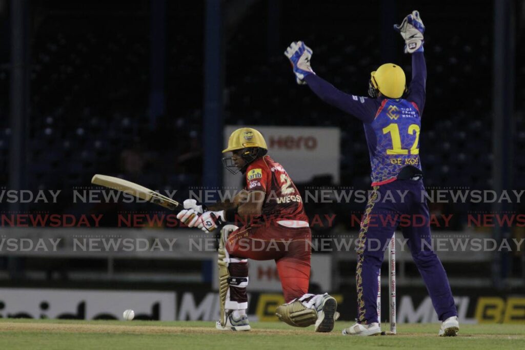Barbados Royals wicketkeeper Quinton de Kock (right) appeals for the dismissal of Trinbago Knight Riders batsman Tion Webster during the teams' clash in the Hero Caribbean Premier League (CPL) on Tuesday, at the Queen's Park Oval, St Clair. - Ayanna Kinsale